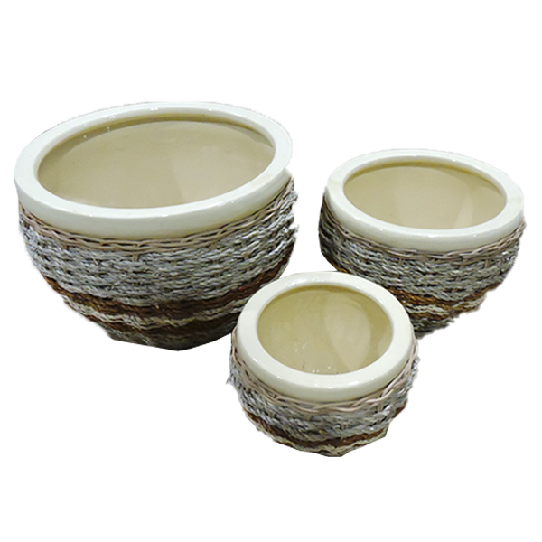 ****Classy Homes Ceramic Plant Pots Seagrass 3 Piece Set