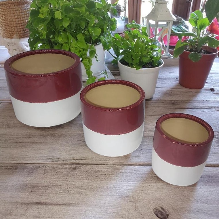 ****Classy Homes Ceramic Plant Pots Striped White / Mauve 3 Piece Set