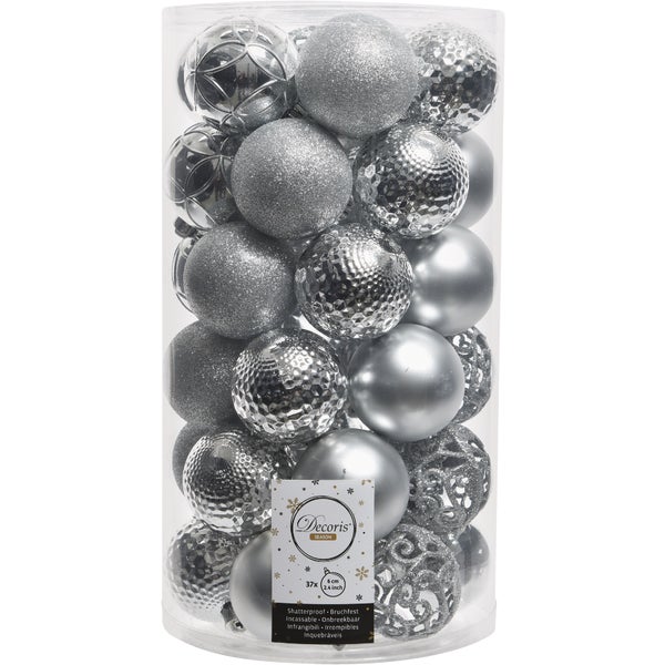 Decoris 2.4 In. Shatterproof Bauble Christmas Ornaments, Silver (37-Pack)