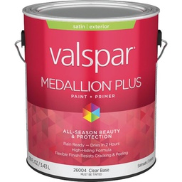 [028.0026004.007] ****Valspar Medallion Plus Premium Paint &amp; Primer Satin Exterior Paint, Clear Base, 1 Gal.