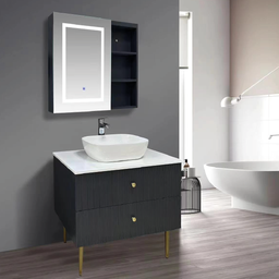 [DHM-2406-80 / RHBV29605] Royal Homes LED Mirror Vanity Cabinet, 2-Drawers with Gold Hardware, 31.4 x 18.8 x 29.5 In.